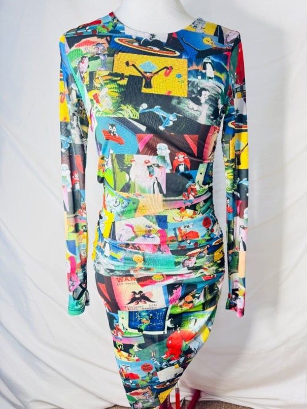 RARE Dolls Kill Looney Tunes Dress Ruched Long Sleeve bodycon Mini Dress NWT S/M